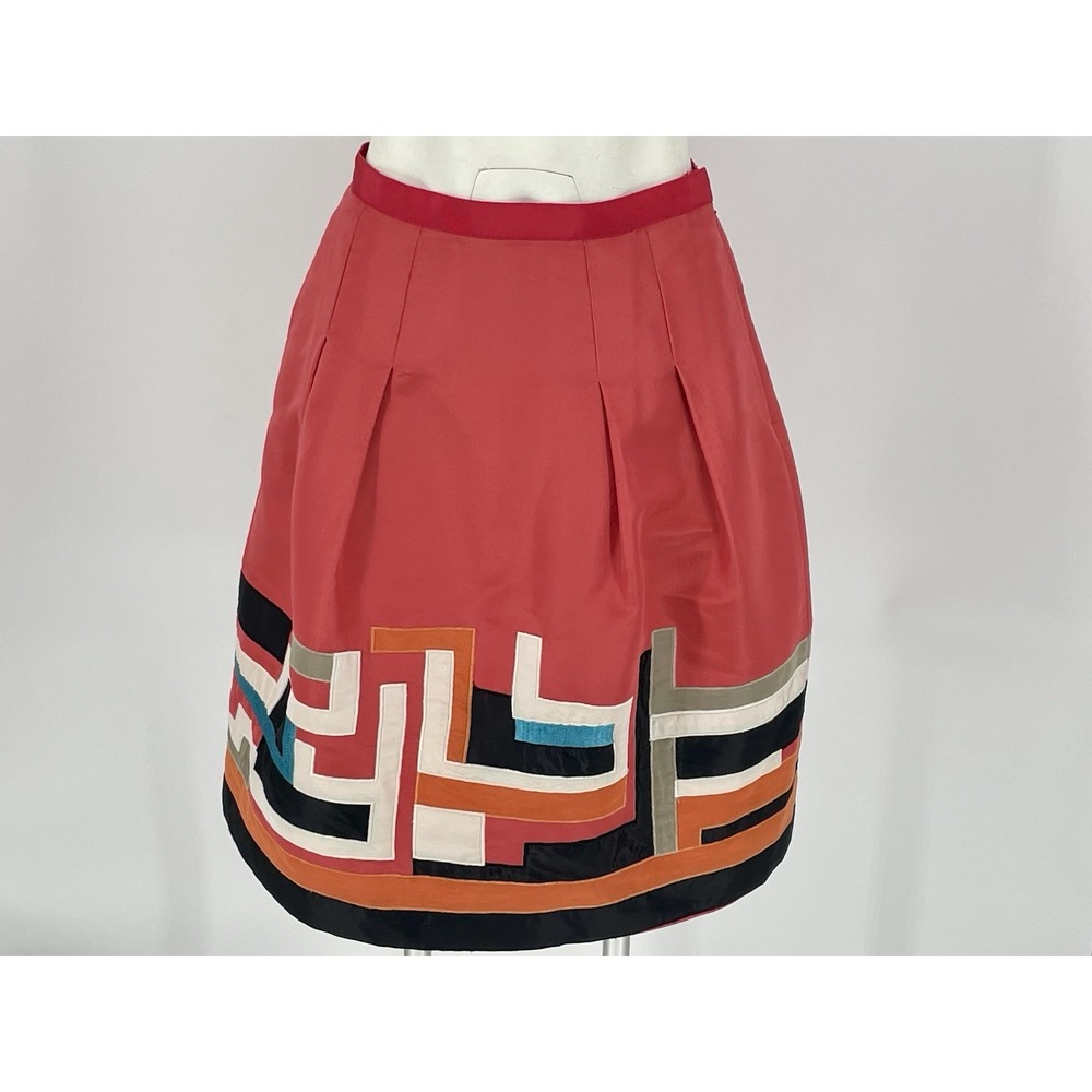 Oscar de La Renta Skirt‎ Embroidered Silk Geometric Coral Size 6 Small A Line